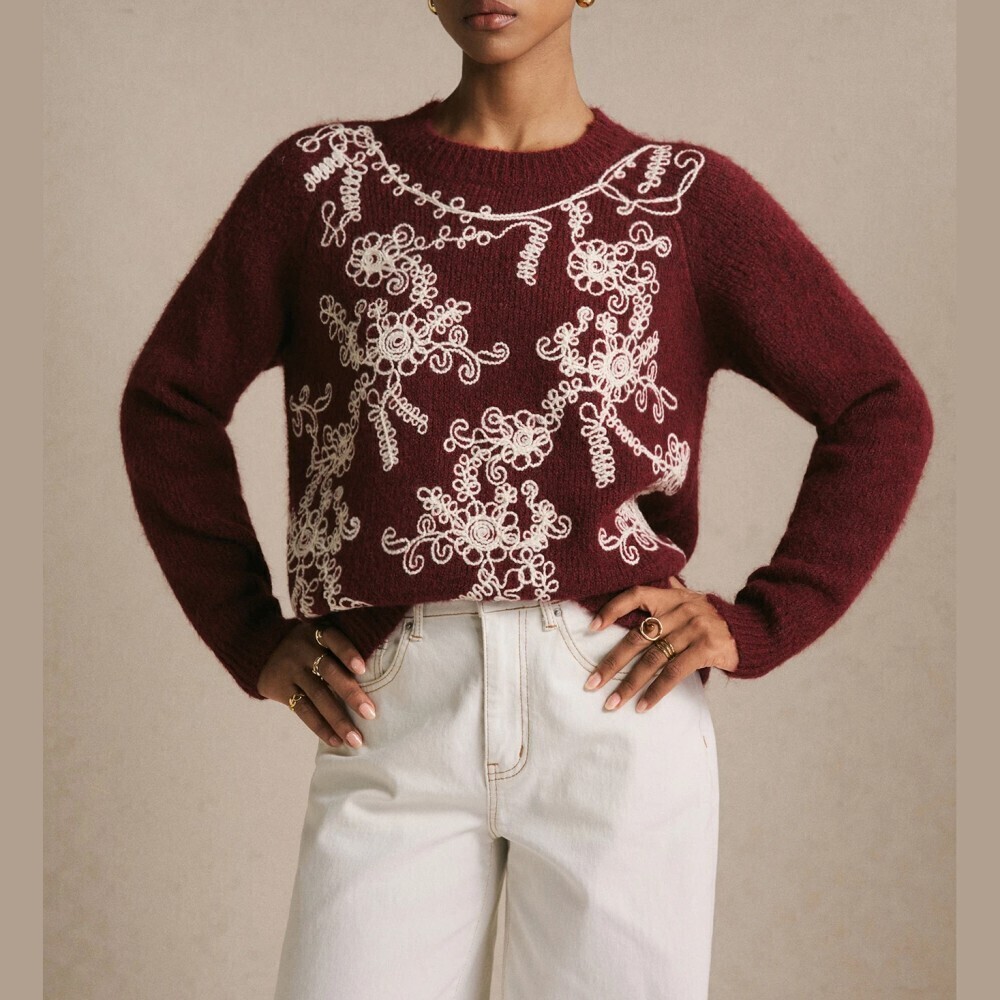 Burgundy Floral Filigree Embroidered Crew Neck Oversized Sweater